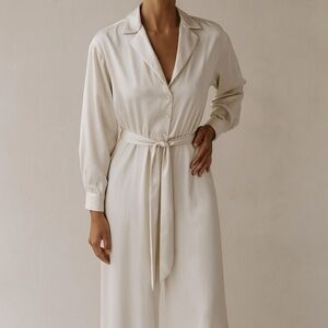 Zara Satin Belted Jumpsuit Cream Ivory Long Sleeve Collared Wide Leg Size Small